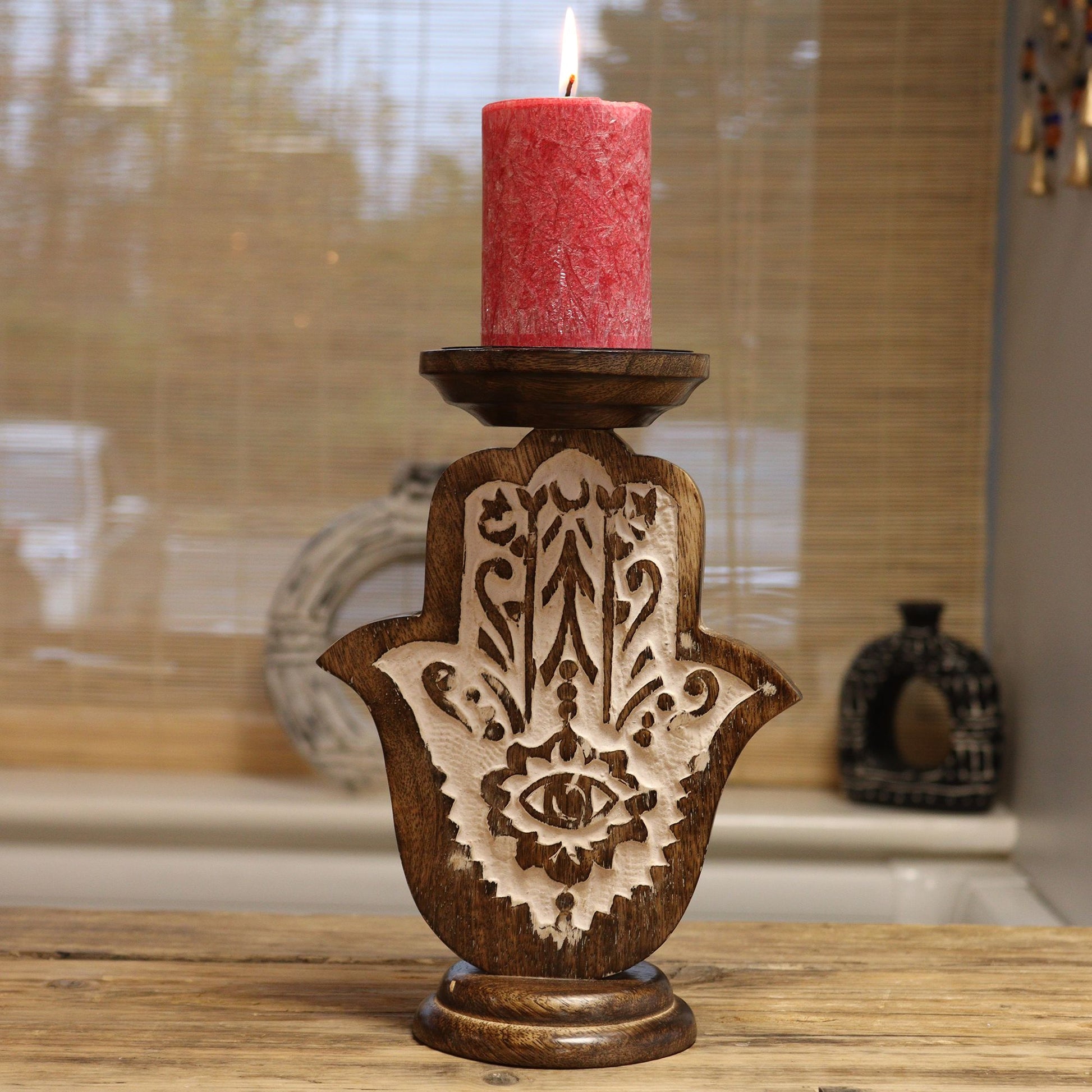 Candelabro de Madera de Mango - Hamsa - Pequeño 18x11cm - Candelabros de Madera, candelabro