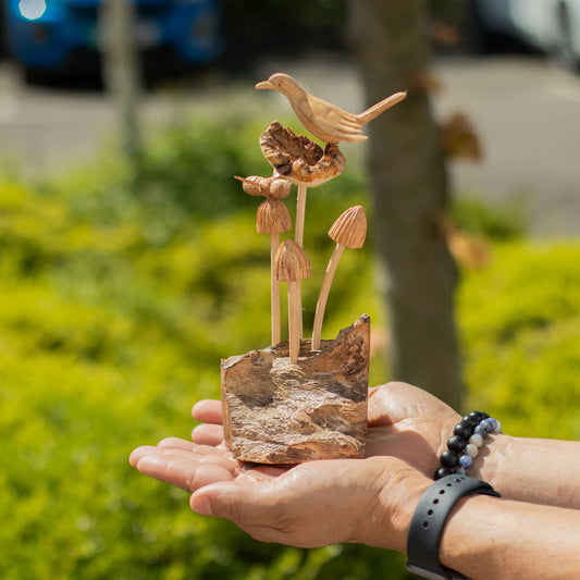 Handmade Parasitic Wood Art Carving - Bird and Bee on Mushrooms