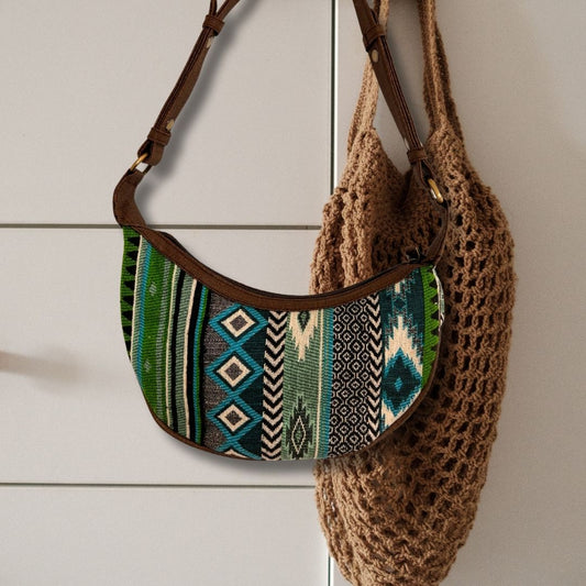 Bolso Hobo de Jacquard - Verdes Atrevidos (correa marrón)