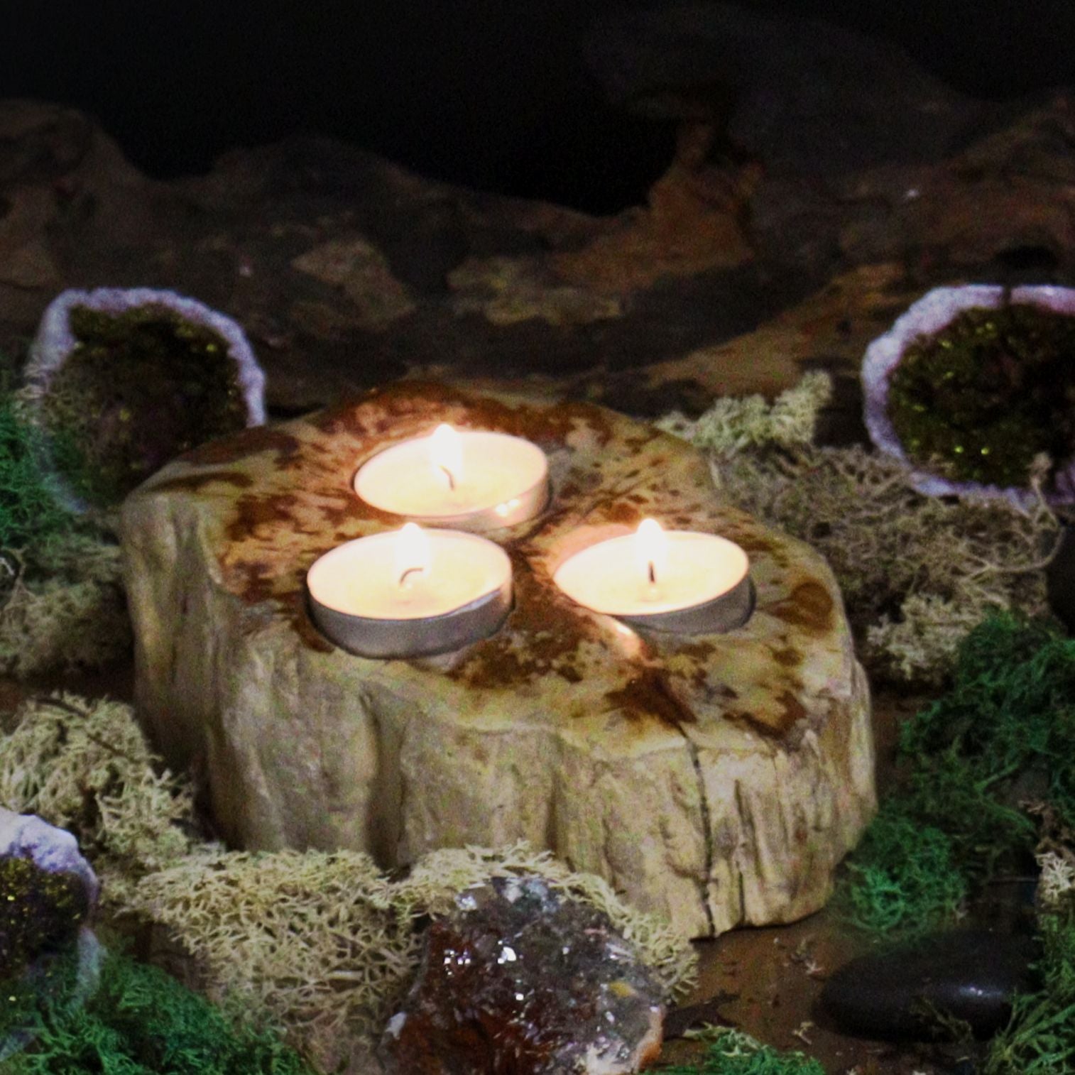 Portavelas de Madera Petrificada - Triple - Portavelas de piedra en madera petrificada