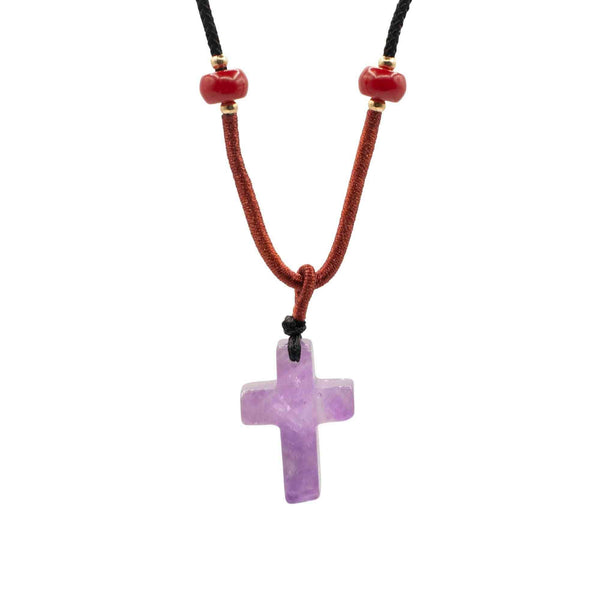 Collier de corde pendentif en pierre précieuse - Croix d'améthyste