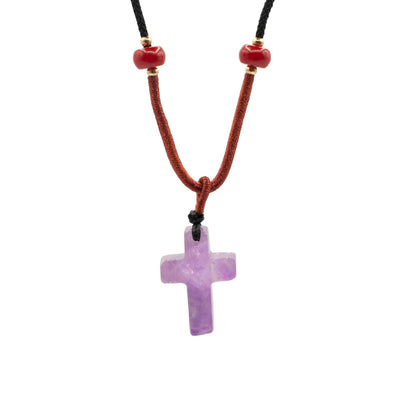 Collier de corde pendentif en pierre précieuse - Croix d'améthyste