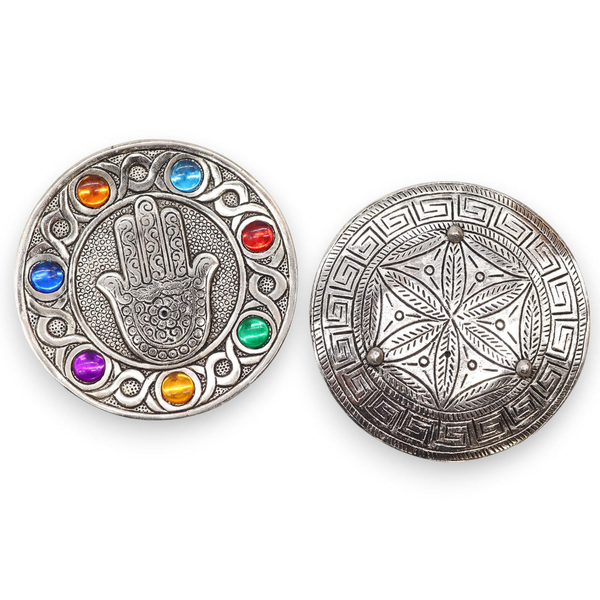 Porta-incienso Hamsa Siete Chakras 11.5cm - Portainciensos de aluminio hechos a mano