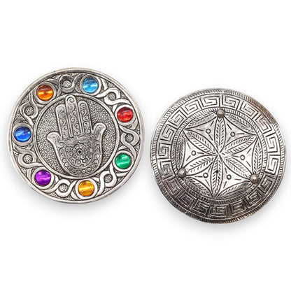 Porta-incienso Hamsa Siete Chakras 11.5cm - Portainciensos de aluminio hechos a mano