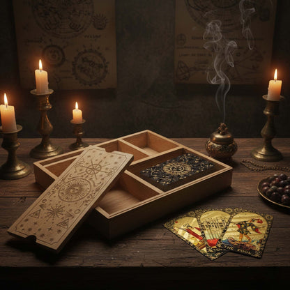 Caja de tarot de cuatro compartimentos con soporte para cartas. - Almacenamiento de cartas del Tarot y cajas de lectura, Arti