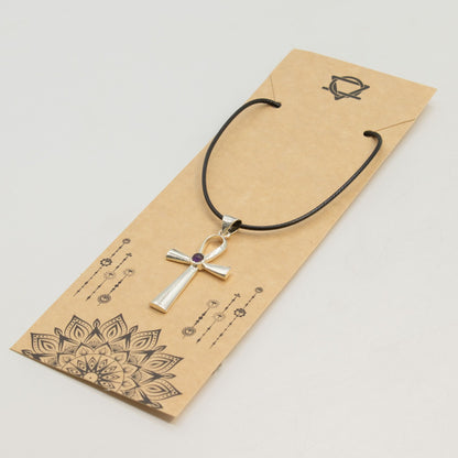 Colgante devocional hindú - Plateado con baño de plata (cordón de 45 cm) - Símbolo Ankh de la Vida Eterna