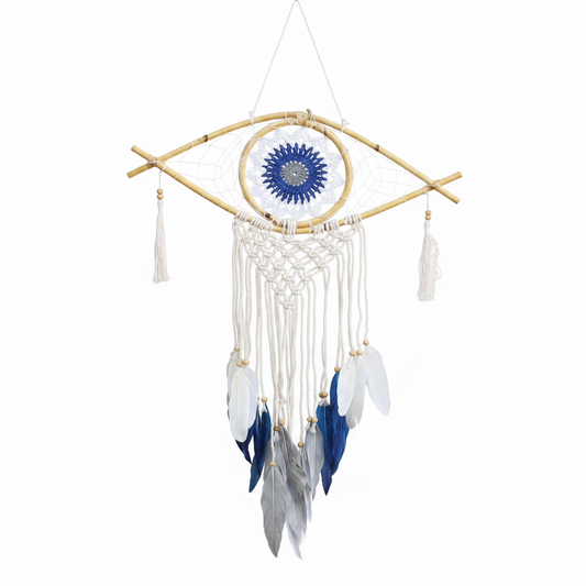Atrapasueños - Med Macramé Eye Blanco / Azul / Gris - Atrapasueños, artesanal