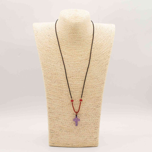 Collier de corde pendentif en pierre précieuse - Croix d'améthyste